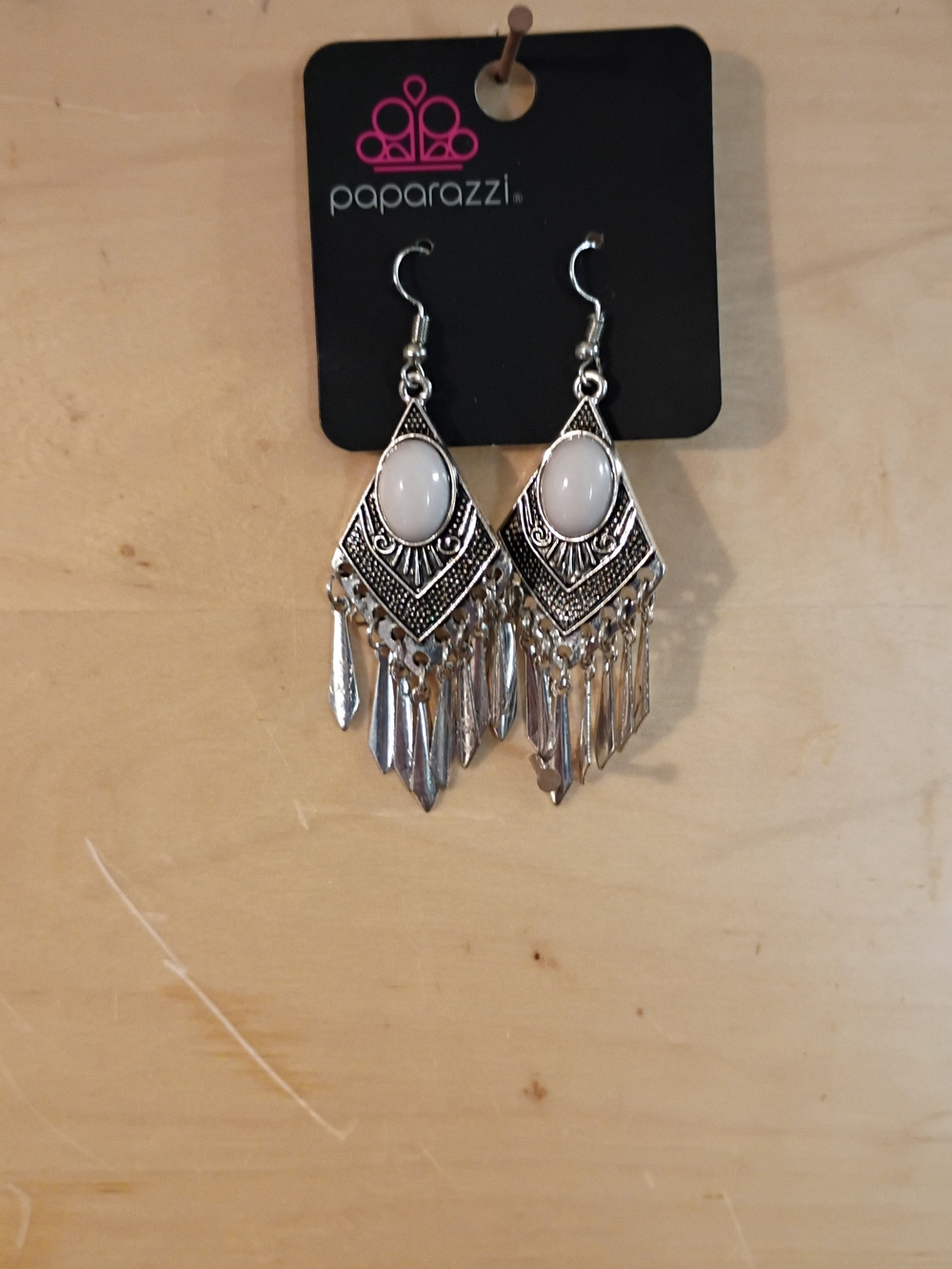 paparazzi Silver and White Boho Fringe Drop Earrings